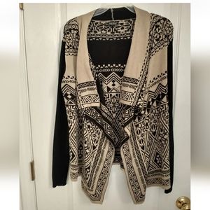 Lucky Brand Open Cardigan Sweater Tribal Black Tan Aztec Boho 100% Cotton Rodeo